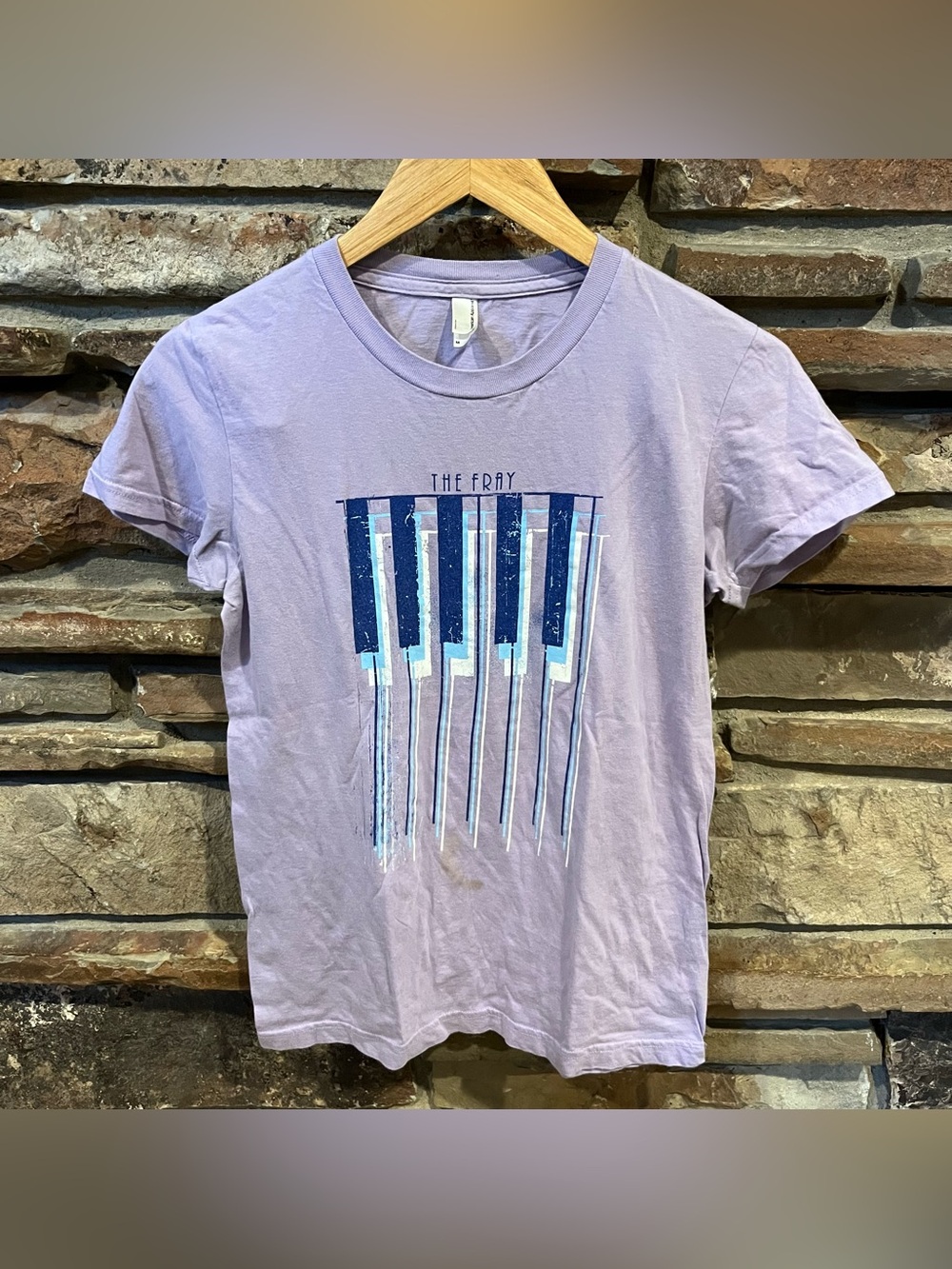 The Fray Y2K American Apparel Lavender Graphic Tee with Blue Piano Design
